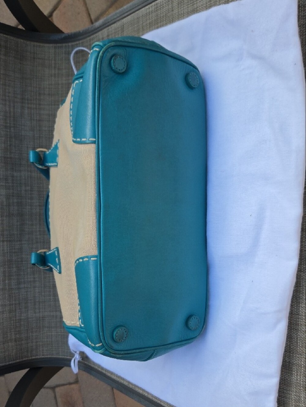 Prada Beige Canvas Satchel with Teal Leather Trim - Picture 8 of 17